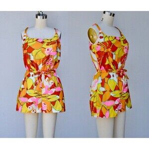 50s 60s Cotton Floral Swimsuit Romper One Piece Bathing Suit Colorful Floral S M